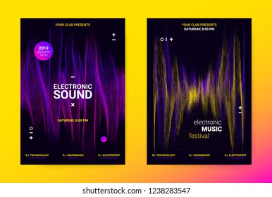 Techno Music Poster. Wave Flyer for Dance Event Promotion. Banner for Techno Sound Performance. Electronic Equalizer Concept and Amplitude of Distorted Lines. Announcement of Techno Music Night Party.