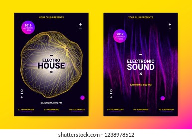 Techno Music Poster. Wave Flyer for Dance Event Promotion. Banner for Techno Sound Performance. Electronic Equalizer Concept and Amplitude of Distorted Lines. Announcement of Techno Music Night Party.