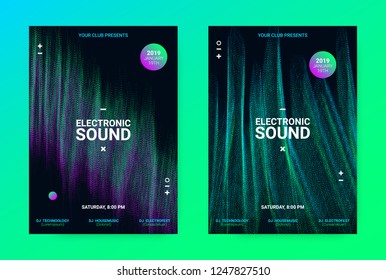 Techno Music Poster. Wave Flyer for Dance Event Promotion. Banner for Techno Sound Performance. Electronic Equalizer Concept and Amplitude of Distorted Lines. Announcement of Techno Music Night Party.