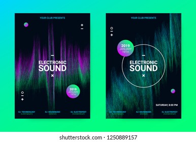 Techno Music Poster. Wave Flyer for Dance Event Promotion. Banner for Techno Sound Performance. Electronic Equalizer Concept and Amplitude of Distorted Lines. Announcement of Techno Music Night Party.