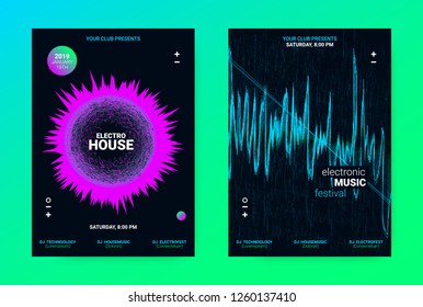 Techno Music Poster. Wave Flyer for Dance Event Promotion. Banner for Techno Sound Performance. Electronic Equalizer Concept and Amplitude of Distorted Lines. Announcement of Techno Music Night Party.