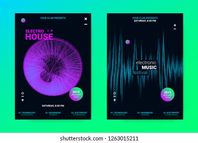 Techno Music Poster. Wave Flyer for Dance Event Promotion. Banner for Techno Sound Performance. Electronic Equalizer Concept and Amplitude of Distorted Lines. Announcement of Techno Music Night Party.