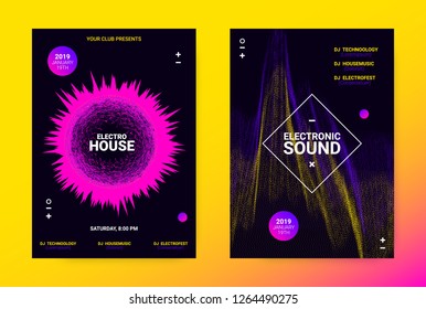 Techno Music Poster. Wave Flyer for Dance Event Promotion. Banner for Techno Sound Performance. Electronic Equalizer Concept and Amplitude of Distorted Lines. Announcement of Techno Music Night Party.