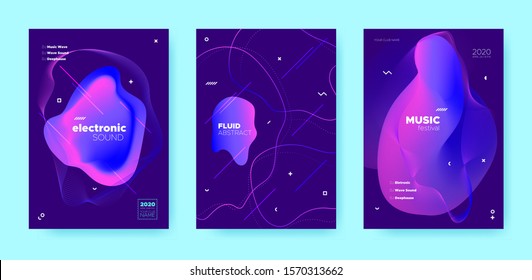 Techno Music Poster. Wave Gradient Shapes. Night Club Event. Blue Fluid Shape. Neon House Music Poster. Purple Abstract Gradient Shape. Night Club Festival. Dj Party. Trance Music Poster.