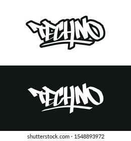 TECHNO. Music style. Hand drawn vector lettering. Music lettering sign. Banner, postcard, poster, stickers, tag. Vector illustration.