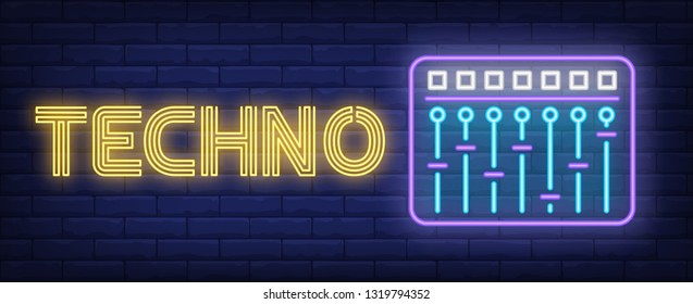 Techno neon text with equalizer. Music, party and disco design. Night bright neon sign, colorful billboard, light banner. Vector illustration in neon style.