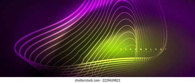 Techno neon wave lines, dynamic electric motion, speed concept. Templates for wallpaper, banner, background, landing page, wall art, invitation, prints