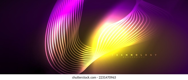 Techno neon wave lines, dynamic electric motion, speed concept. Templates for wallpaper, banner, background, landing page, wall art, invitation, prints