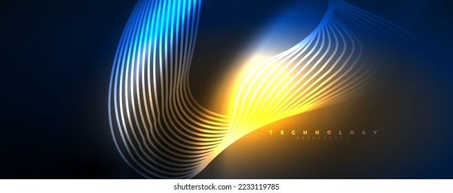 Techno neon wave lines, dynamic electric motion, speed concept. Templates for wallpaper, banner, background, landing page, wall art, invitation, prints
