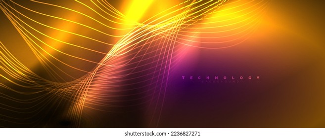 Techno neon wave lines, dynamic electric motion, speed concept. Templates for wallpaper, banner, background, landing page, wall art, invitation, prints