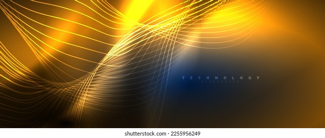 Líneas de onda de neón Techno, movimiento eléctrico dinámico, concepto de velocidad. Plantillas de fondo de pantalla, banner, fondo, página de inicio, arte mural, invitación, impresiones