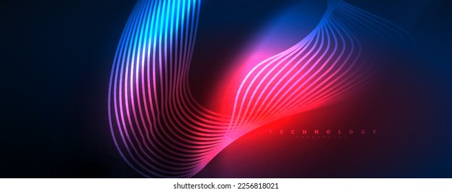 Techno neon wave lines, dynamic electric motion, speed concept. Templates for wallpaper, banner, background, landing page, wall art, invitation, prints