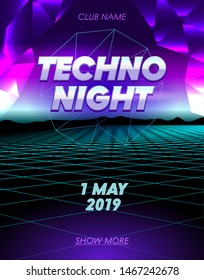Techno Night Banner with Typography, Club Party Poster on Synthwave Neon Grid Futuristic Background with Low Poly Triangulars. Flyer Design. Social Media Content Decoration Promo. Vector Illustration