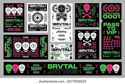 Techno Party banner template set, Digital poster for social media. Banner bundle. Music event poster template for print. Brutalism vector collection