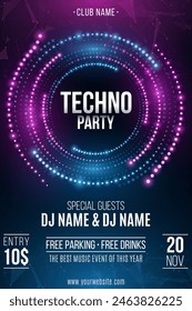 Techno party flyer design for your musical event. Futuristic circles of glowing dots. Modern music poster. Invitation for night club. Vector illustration. EPS 10.