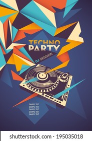 Techno party poster with turntable. Vector illustration.