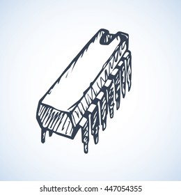 Techno pc pin microcontroller part isolated on white backdrop. Freehand outline ink hand drawn picture sketchy in art doodle style pen on paper. Closeup view with space for text