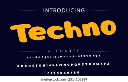 Tecno Diseño de tipo de letra estilo lúdico, letras alfabéticas infantiles e ilustración vectorial de números