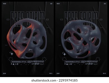 Techno poster 3D Abstract liquid shape. Abstract print for streetwear, print for t-shirts and sweatshirts on a black background