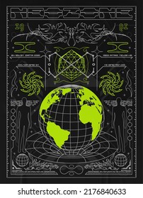 Techno poster with 3d planet earth. In futuristic style, with techno design elements, print for a clothing brand, t-shirts, hoodies, banners