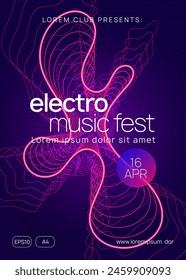 Techno Poster. Dj Festival Template. Blue Dance Design. Concert Vector. Violet Party Event. Soundwave Audio Invitation. Discotheque Banner. Pink Techno Poster