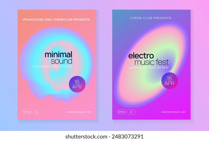 Techno Poster. Fun Glitch For Presentation. Music And Nightlife Vector. Memphis Background For Brochure Design. Wave Neon Flyer. Pink And Blue Techno Poster