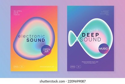 Techno Poster. Music And Concert Template. Wave Effect For Set. Fun Electronic Party. Minimal Background For Magazine Layout. Purple And Turquoise Techno Poster