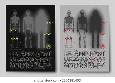 Techno poster with pixelated human skeletons. with dither effect. Elements with grunge style, shabby retro text. Contemporary high quality print for T-shirts, sweatshirts, and hoodies