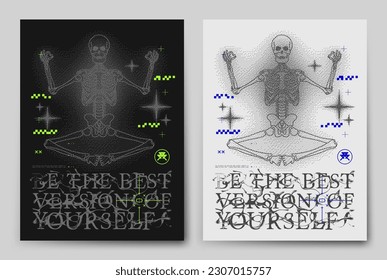 Techno poster with pixelated human skeletons. with dither effect. Elements with grunge style, shabby retro text. Contemporary high quality print for T-shirts, sweatshirts, and hoodies