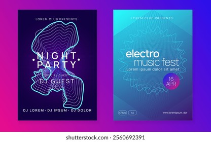 Techno Poster. Psychedelic Disco Illustration. Pink Music Magazine. Night Club Design. Festival Invite. Dj Electro Element. Green Sound Set. Violet Techno Poster