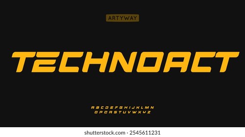 Techno race alphabet, sharp geometric letters, bold minimal italic font for energetic digital design, dynamic futuristic headline, gaming sports branding, strong industrial logotype. Vector typeset.