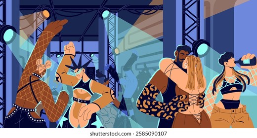 Techno rave party. Young people dance at night club in light of spotlights with modern electronic music. Youth in stylish clothes has fun, nightlife at disco in nightclub. Flat vector illustration