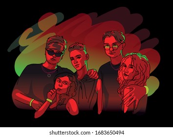 Techno rave people. Teenagers vector illustration.