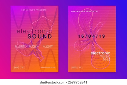 Conjunto de tecno. Elemento Discotheque Festival. Revista Dj. Banner de Música Azul. Poster Green Fest. Convite para o concerto. Ilustração de Rádio Psicodélica. Conjunto de tecno rosa