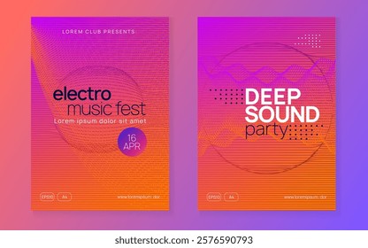 Techno Set. Soundwave Beat Invitation. Fest Background. Violet Party Banner. Concert Vector. Green Sound Magazine. Music Festival Graphic. Pink Techno Set