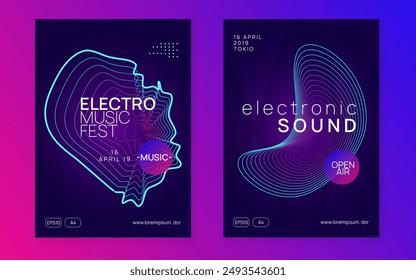 Techno Set. Violet Party Magazine. Discotheque Background. Blue Dj Poster. Nightclub Disco Illustration. Music Festival Element. Trance Vector. Pink Techno Set