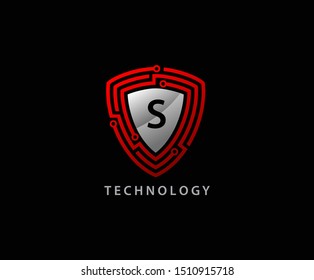 Techno Shield Letter S Logo Icon, Creative Red Shield Icon.