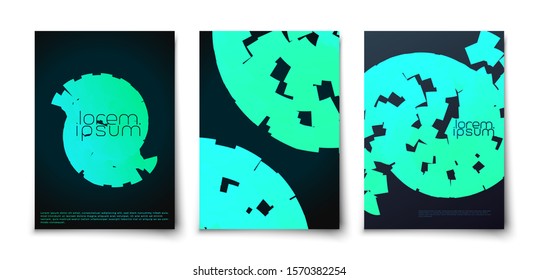 Techno space neon glowing geometric shapes spiral. Bright swirl. Abstract background cover set