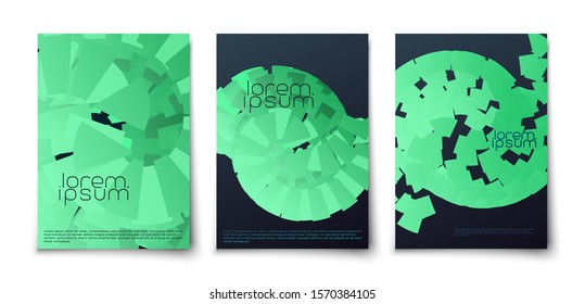 Techno space neon glowing geometric shapes spiral. Bright swirl. Abstract background cover set