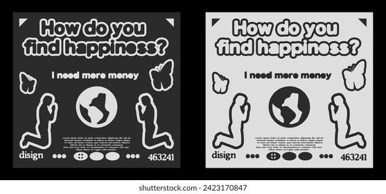 Techno streetwear poster "How do you find happiness?" . Typographic y2k print for clothing t-shirt, hoodie, sweatshirt 