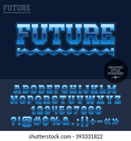 Techno style glossy emblem for computer club, Internet cafe, electronics store, night club, technology activity. Vector set of letters and numbers