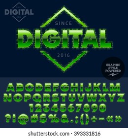 Techno style glossy logotype for computer club, Internet cafe, electronics store, night show, technology activity. Vector set of letters and numbers