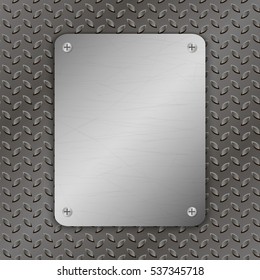 Techno vector illustration. Metal Background with plate and rivets. Metallic grunge texture. Brushed Steel, iron, aluminum surface. Abstract gray template. Engineering, construction theme