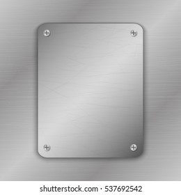Techno vector illustration. Metal Background with plate and rivets. Metallic grunge texture. Brushed Steel, iron, aluminum surface. Abstract gray template. Engineering, construction theme