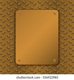 Techno vector illustration. Rusty Metal Background with plate and rivets Metallic grunge texture Brushed Brass, copper latticed surface Abstract technological template. Engineering, construction theme