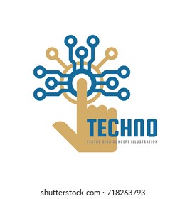 Techno - vector logo template concept illustration. Human hand touch computer electronic chip. Modern technology design element. 