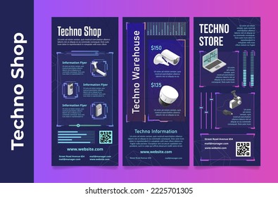 Techno warehouse shop vertical poster set vector illustration. Electronic technology device store commercial advertising informational flyer laptop optical camera household appliances with price