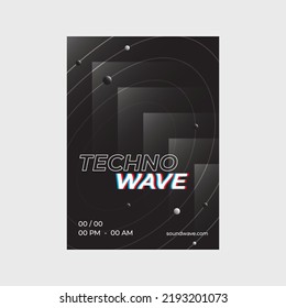 Techno Wave. Digital Waves. Cool Dark Design. Design Elements. Electronic Music Fest. Dynamic Background For Your Poster Design. Flyer, Handbill, Poster, Cover And Brochure Template. Techno Rave