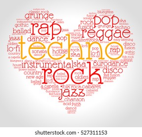 Techno. Word cloud, heart, italic font, gradient grey background. Love of music.