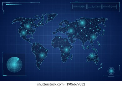 Techno World Map. Digital Continents With Rays Meredians And Ocean Grid Futuristic Global Continents For Travel Vector Future.